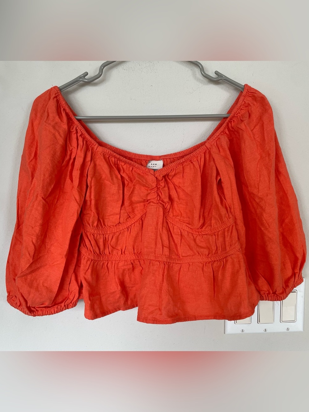 A New Day Womens Size L Linen Blend Orange Blouse Peasant Boho Top Size XS